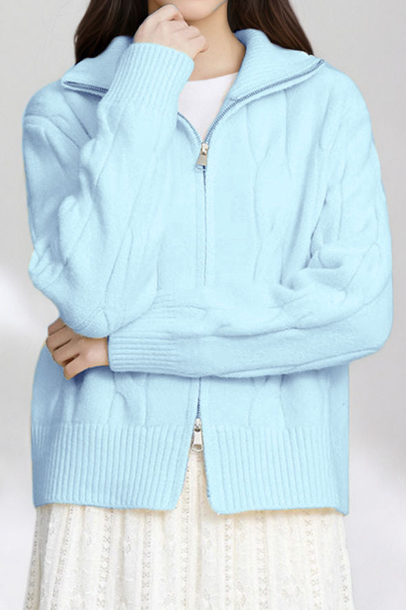Casual Versatile Solid-Color Turtleneck Double-Zipper Cable-Knit Ribbed Cardigan