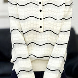 Casual Versatile Color-Block Wave-Striped Lace-Trimmed Knitted Top