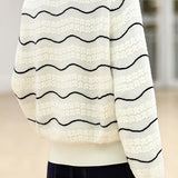Casual Versatile Color-Block Wave-Striped Lace-Trimmed Knitted Top