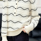 Casual Versatile Color-Block Wave-Striped Lace-Trimmed Knitted Top