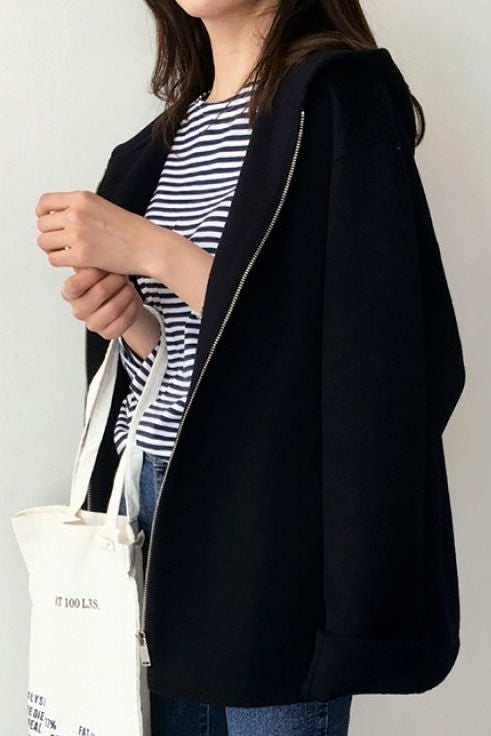 Casual Minimalist Hooded Woolen Solid-Color Cropped Coat