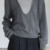 Casual Versatile Fake Two-Piece Striped Hooded Knitted Top