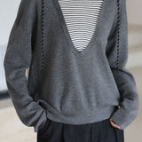 Casual Versatile Fake Two-Piece Striped Hooded Knitted Top