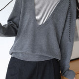 Casual Versatile Fake Two-Piece Striped Hooded Knitted Top