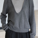 Casual Versatile Fake Two-Piece Striped Hooded Knitted Top