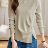 Casual Solid-Color Asymmetric Pleated Split Knitted Top