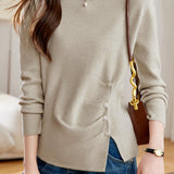 Casual Solid-Color Asymmetric Pleated Split Knitted Top