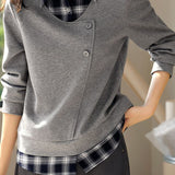 Casual Plaid Patchwork Fake Two-Piece Asymmetric Placket Knitted Top