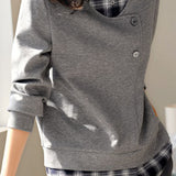 Casual Plaid Patchwork Fake Two-Piece Asymmetric Placket Knitted Top