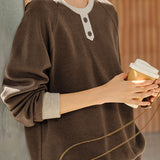 Casual Crew Neck Brushed Color-Block Textured Knitted Top