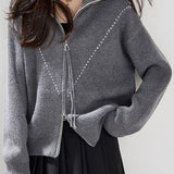 Casual Lapel Solid-Color Zipper Sweater Cardigan