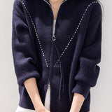Casual Lapel Solid-Color Zipper Sweater Cardigan
