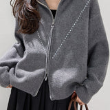 Casual Lapel Solid-Color Zipper Sweater Cardigan