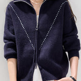 Casual Lapel Solid-Color Zipper Sweater Cardigan