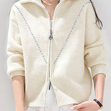 Casual Lapel Solid-Color Zipper Sweater Cardigan