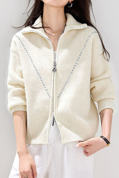 Casual Lapel Solid-Color Zipper Sweater Cardigan