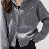 Casual Lapel Solid-Color Zipper Sweater Cardigan