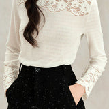 Half-High Neck Lace-Trimmed Collar Shirt