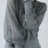 Elegant Temperament Patchwork Lace Puff Sleeve Knitted Top