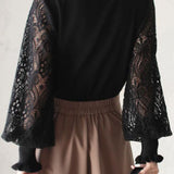 Elegant Temperament Patchwork Lace Puff Sleeve Knitted Top