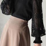 Elegant Temperament Patchwork Lace Puff Sleeve Knitted Top