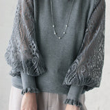 Elegant Temperament Patchwork Lace Puff Sleeve Knitted Top