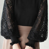 Elegant Temperament Patchwork Lace Puff Sleeve Knitted Top