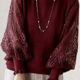Elegant Temperament Patchwork Lace Puff Sleeve Knitted Top