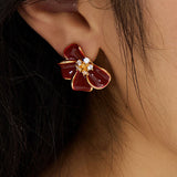 Elegant Exquisite Red Enamel Floral Stud Earrings