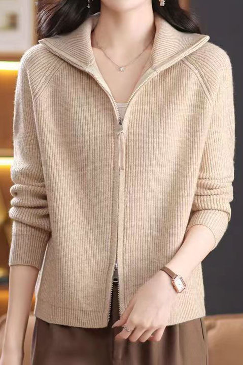 Casual Versatile Solid-Color Turtleneck Double-Zipper Cardigan