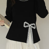 Casual Beaded Waist-Cinched Lace Patchwork Knitted Top