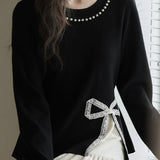 Casual Beaded Waist-Cinched Lace Patchwork Knitted Top