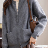 Casual Minimalist Crew Neck Double-Ended Zipper Knitted Cardigan