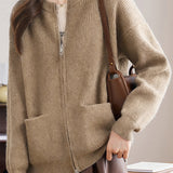 Casual Minimalist Crew Neck Double-Ended Zipper Knitted Cardigan