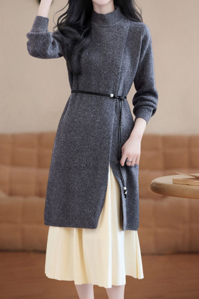Casual Versatile Half-High Neck Top And Skirt Knitted Set