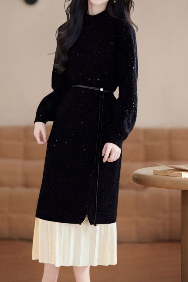 Casual Versatile Half-High Neck Top And Skirt Knitted Set