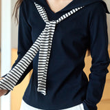 Vacation Casual Early Spring Sailor Collar Color-Block Striped Tie Knitted Top