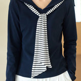 Vacation Casual Early Spring Sailor Collar Color-Block Striped Tie Knitted Top
