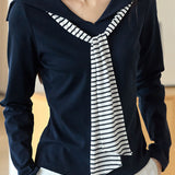 Vacation Casual Early Spring Sailor Collar Color-Block Striped Tie Knitted Top