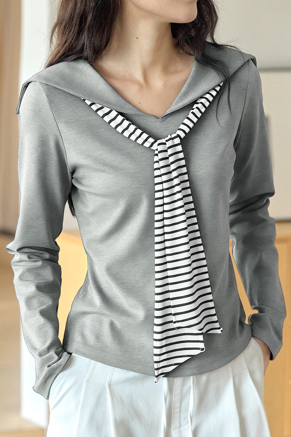 Vacation Casual Early Spring Sailor Collar Color-Block Striped Tie Knitted Top