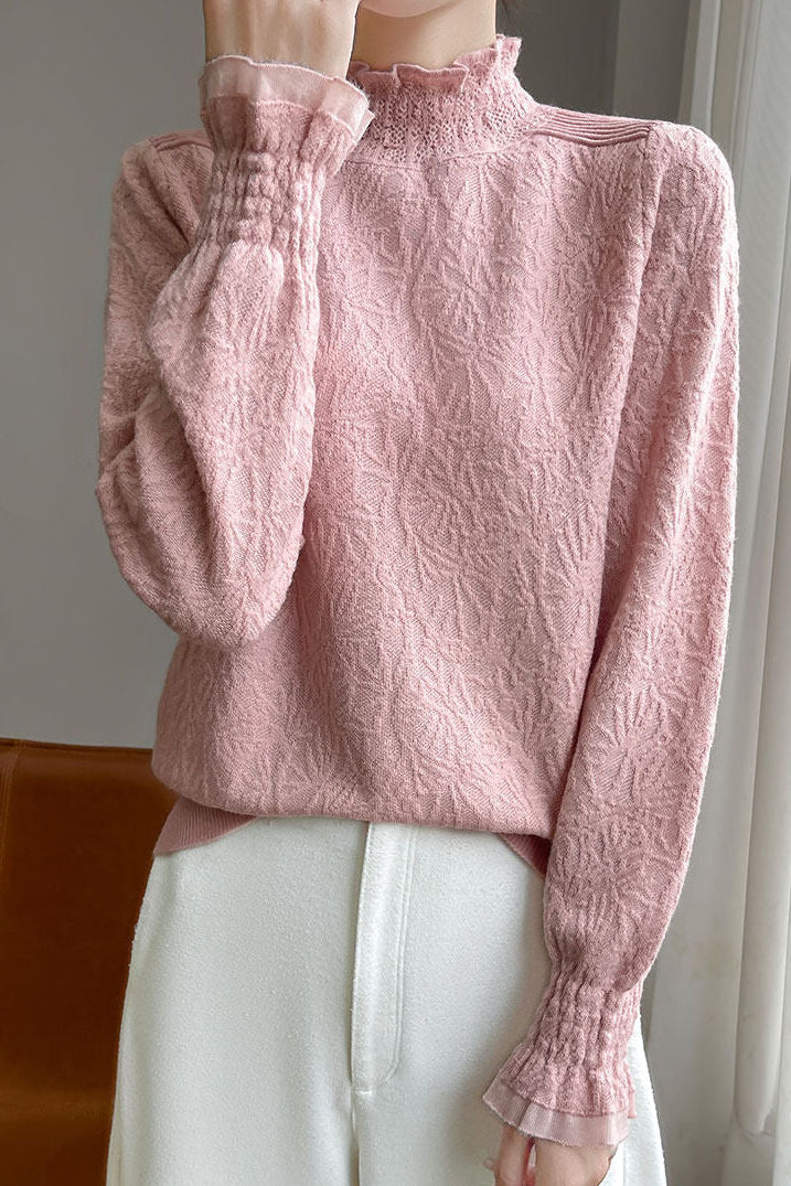 Casual Versatile Solid-Color Lace Ruffled Geometric Jacquard Knitted Top