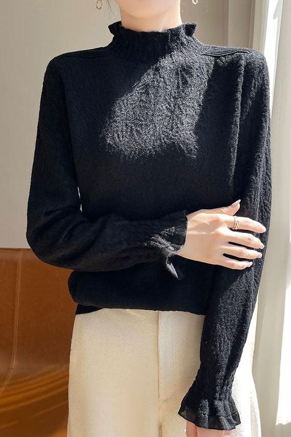 Casual Versatile Solid-Color Lace Ruffled Geometric Jacquard Knitted Top