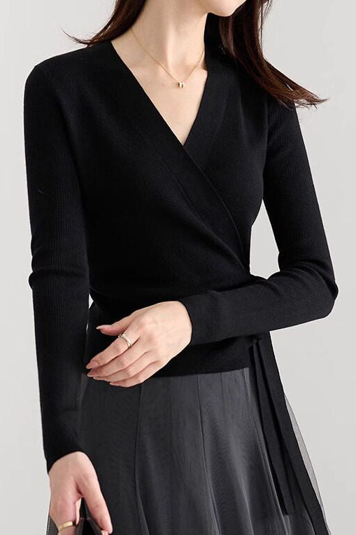 Casual Cross-Tie Waist-Cinched Knitted Top