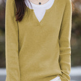 Casual Versatile Color-Block Fake Two-Piece Crew Neck Knitted Top