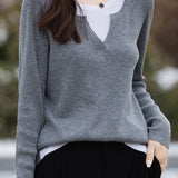 Casual Versatile Color-Block Fake Two-Piece Crew Neck Knitted Top