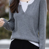 Casual Versatile Color-Block Fake Two-Piece Crew Neck Knitted Top