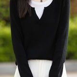 Casual Versatile Color-Block Fake Two-Piece Crew Neck Knitted Top