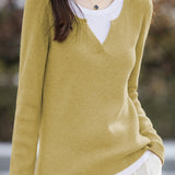 Casual Versatile Color-Block Fake Two-Piece Crew Neck Knitted Top