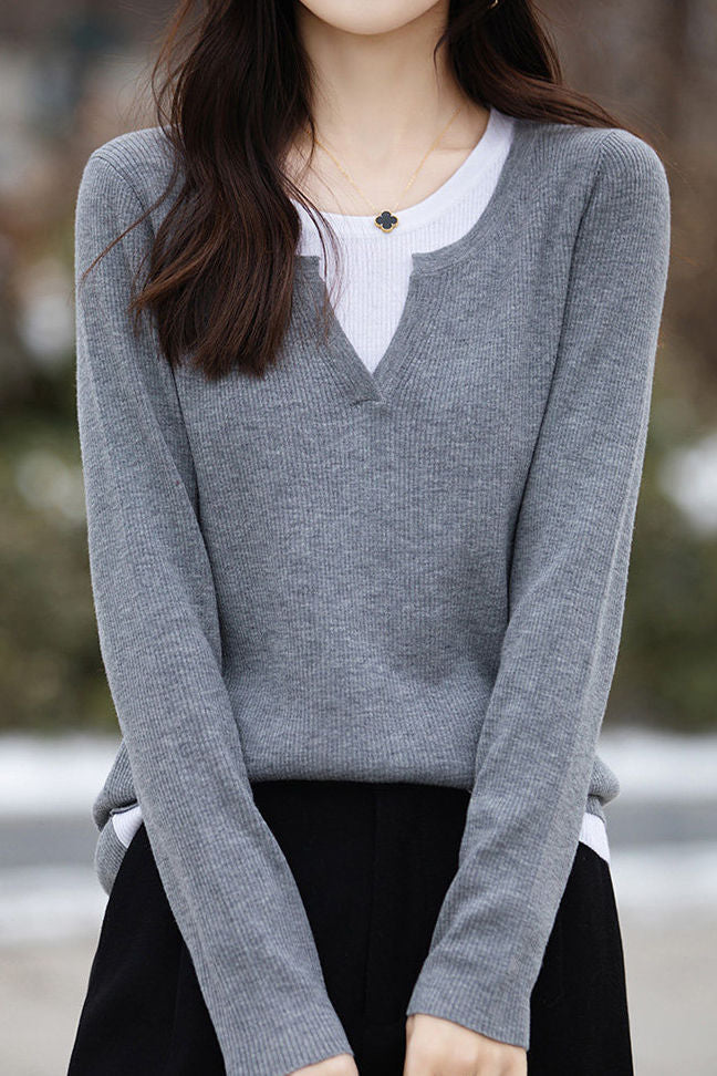 Casual Versatile Color-Block Fake Two-Piece Crew Neck Knitted Top