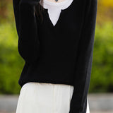 Casual Versatile Color-Block Fake Two-Piece Crew Neck Knitted Top